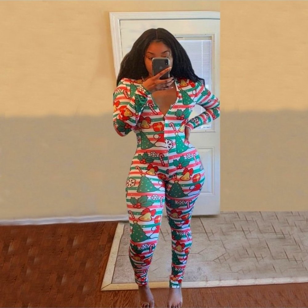 Christmas print v-neck long sleeve jumpsuit/pajamas